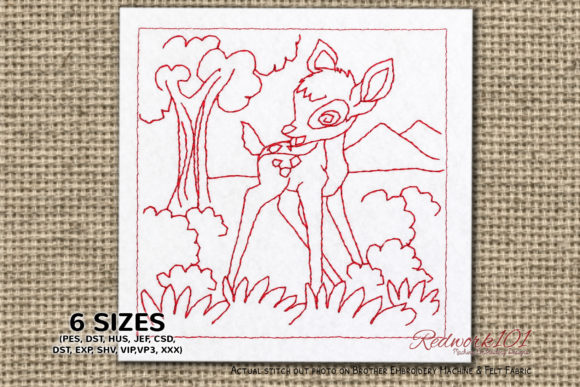Baby Deer Standing in the Forest Redwork