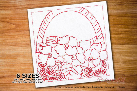 Beautiful Flower Basket Redwork