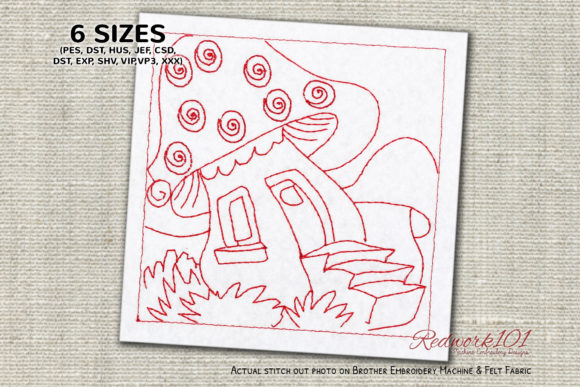 Cartoon Mushroom House Redwork