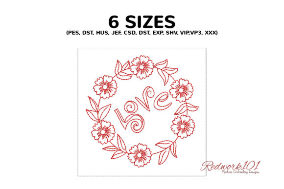 Flower Frame with Love Text Redwork