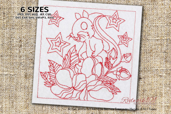 Squirrel in Flowers Redwork