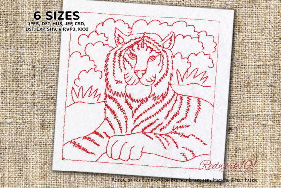 Striped Tiger Sitting on Grass Redwork